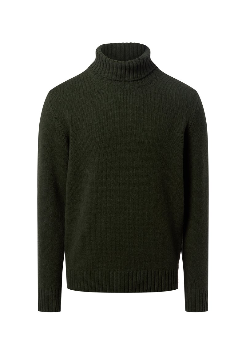Dunkelgrüner Rollkragenpullover aus strukturiertem Strickstoff, mit gerippten Bündchen und Saum, locker geschnitten und ohne sichtbare Muster.