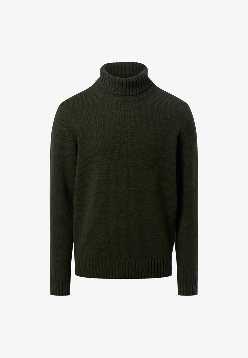 Dunkelgrüner Rollkragenpullover aus strukturiertem Strickstoff, mit gerippten Bündchen und Saum, locker geschnitten und ohne sichtbare Muster.