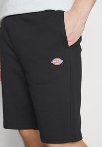 Gros plan d'une personne portant un short noir Dickies avec une main dans la poche droite, montrant le logo de la marque sur la cuisse.