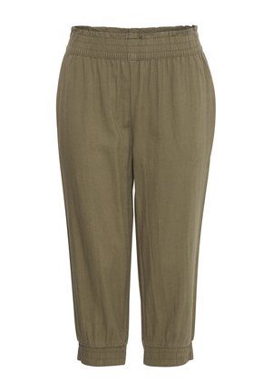 Olivgrön, lättvikts bomullbyxor med elastisk midja och rynkade fållar. Har en avslappnad passform och en jämn textur genom hela byxorna.