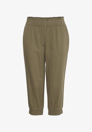 Olívovo zelené, ľahké bavlnené nohavice s elastickým pásom a nariasenými manžetami. Majú voľný strih a hladkú textúru po celom povrchu.