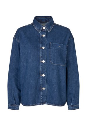 Tmavě modrá denimová košile s límečkem, knoflíky vpředu a jednou náprsní kapsou. Má volný střih a pro šité švy.