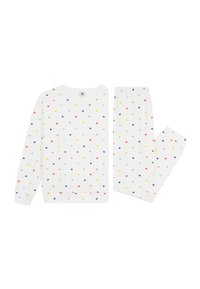Set di pigiama bianco composto da una maglia a maniche lunghe e pantaloni abbinati, con un motivo di piccoli cuori rossi, rosa, gialli, blu e blu navy.