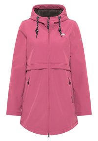 Chaqueta impermeable rosa con capucha, cierre frontal con cremallera y dos bolsillos laterales. Presenta detalles con cordón y un diseño elegante y ligero.