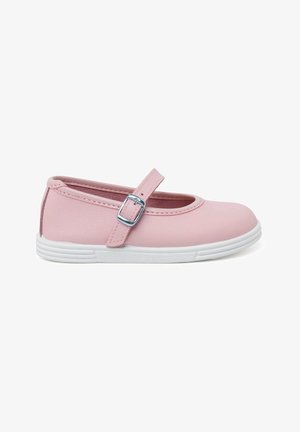 Ballerines en cuir synthétique rose avec un bout rond et une semelle en caoutchouc blanche. Présentent une sangle réglable avec une boucle en métal.
