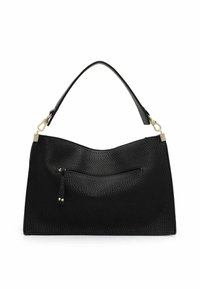 Sac à main en cuir noir avec une finition texturée, une silhouette courbée, une poignée supérieure et une poche zippée à l'avant. Accents en métal doré.