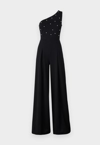 Zwarte jumpsuit met één schouder, voorzien van decoratieve witte parels op het lijfje, een wijde pijpen silhouet en plooien aan de voorkant.