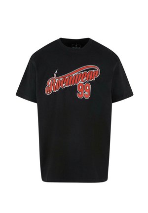 Black cotton t-shirt featuring bold red "Rocawear" lettering and "99" in a contrasting design on the front, standard crew neck style.