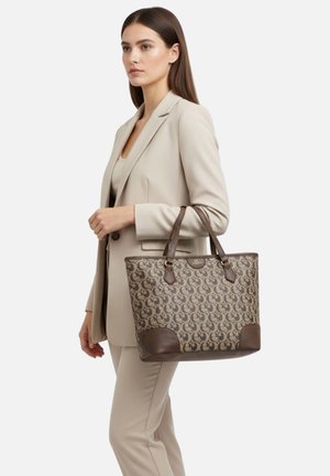 Borsa tote in pelle marrone e tessuto con motivo, con doppi manici, base marrone a contrasto e dettagli.