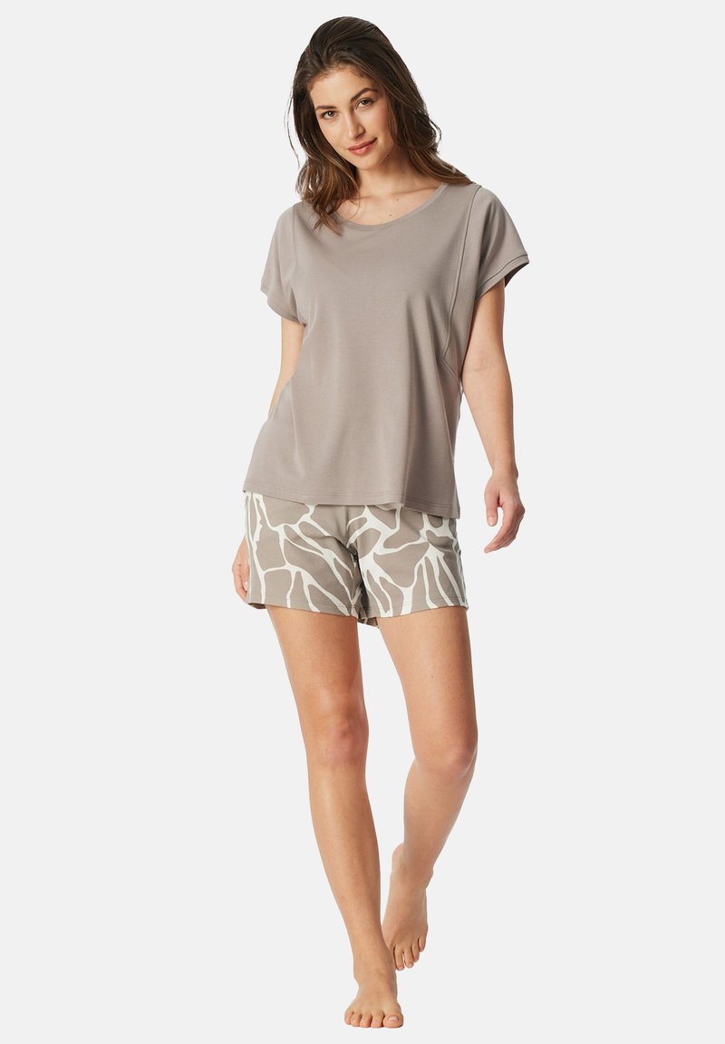Light grey, short-sleeve t-shirt paired with beige shorts featuring a white abstract pattern. Soft, comfortable fabric and relaxed fit.