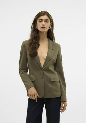 Olivově zelený blazer s hlubokým V výstřihem, dvěma předními kapsami, přiléhavým střihem a dlouhými rukávy. Hladká tkanina s minimalistickým designem.