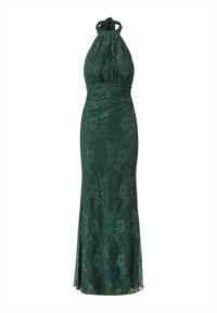 Lange, donkergroene kanten jurk met een halterhals, geplooide taille en bloemenpatronen. Slim fit met een lichte zijsplit aan de zoom.