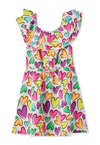 Abito corto senza maniche con scollo arricciato, caratterizzato da uno sfondo bianco e motivi a forma di cuore multicolori nei colori rosa, verde, arancione e viola.