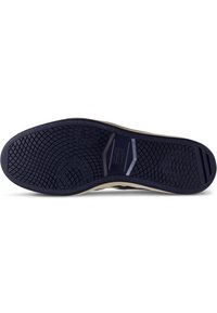Rubber-soled sneaker with a textured dark navy outsole, featuring geometric patterns and a beige midsole. Durable and functional design.