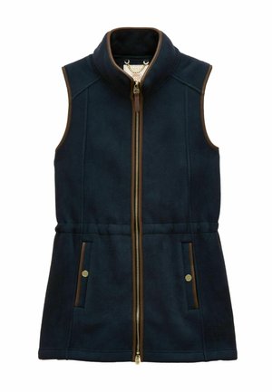 Marine blaue Fleece-Weste mit hohem Kragen, Reißverschluss vorne, braunen Akzenten, seitlichen Taschen und strukturiertem Gewebe. Sie hat eine taillierte Form für eine bessere Passform.