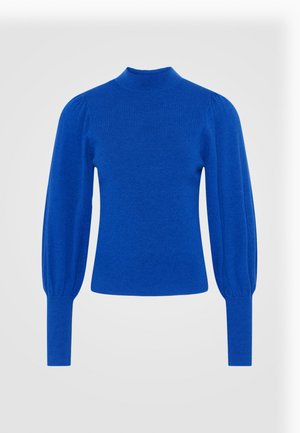 Niebieski dzianinowy top z wysokim dekoltem, długimi bufiastymi rękawami i dopasowanymi mankietami, wykonany z miękkiego materiału o gładkiej fakturze.
