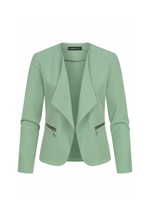 Mėtinis žalias švarkas, pagamintas iš minkštos medžiagos, su drapiruotu atviru priekyje, ilgomis rankovėmis ir dviem šoniniais užtrauktukais.