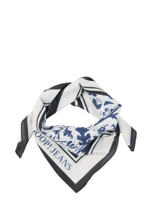 Witte en zwarte vierkante sjaal met blauwe abstracte bloemmotieven en de tekst "JOOP! JEANS" in een hoek.
