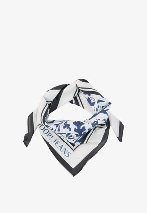 Witte en zwarte vierkante sjaal met blauwe abstracte bloemmotieven en de tekst "JOOP! JEANS" in een hoek.