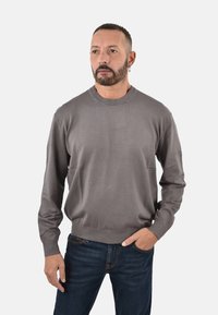 Jersey de punto gris con cuello redondo y mangas largas, que presenta una textura suave y un dobladillo acanalado, combinado con unos vaqueros de mezclilla azul oscuro.