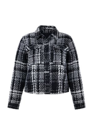 Sort-hvid tekstureret uldjakke med ternet mønster, knapper foran, lange ærmer, krave og to knaplukninger på brystlommerne.