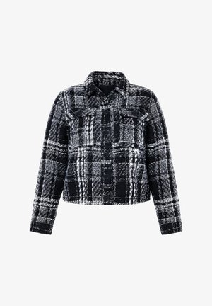 Zwart-witte gestructureerde wollen jas met ruitpatroon, knopen aan de voorkant, lange mouwen, kraag en twee borstzakken met knopen.