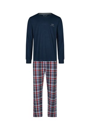 Marineblaues Langarmshirt mit kleinem Text auf der Brust und blau-rot-weiß karierte Pyjamahose vor weißem Hintergrund.