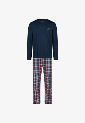Marineblaues Langarmshirt mit kleinem Text auf der Brust und blau-rot-weiß karierte Pyjamahose vor weißem Hintergrund.