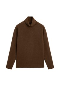 Brown turtleneck sweater made of soft knit fabric. Features a relaxed fit, dropped shoulders, and a ribbed hem for added detail.