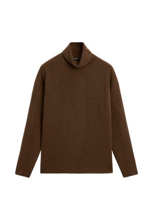 Brown turtleneck sweater made of soft knit fabric. Features a relaxed fit, dropped shoulders, and a ribbed hem for added detail.