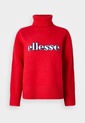 Rode gebreide trui met een hoge ribgebreide kraag. Heeft horizontale ribbels aan de onderkant en mouwen. Het "ellesse" logo is prominent weergegeven in blauw en wit.