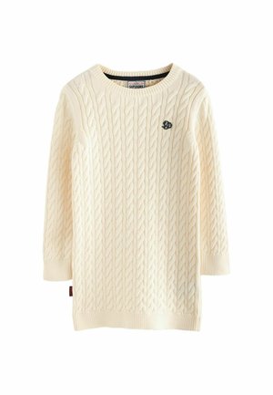 Creamfarbener Strickpullover mit Zopfmuster, Rundhalsausschnitt und langen Ärmeln. Verziert mit einem kleinen dunklen Logo auf der Brust und gerippten Bündchen.