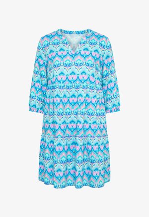 Blauwe en roze jurk met patroon, knielengte, driekwartmouwen en een gelaagde rok.