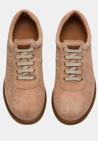 Brown suede shoes with a round toe, tan laces, and a cushioned insole. Features textured side panels and a rubber outsole.