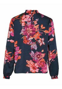 Blouse à manches longues marine avec imprimé floral rose, orange et violet, col haut froncé et fermeture à boutons au dos.
