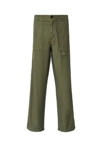 Olijfgroene wijde broek gemaakt van lichtgewicht stof, met voorzakken, een knoopsluiting en zichtbare stikdetails.