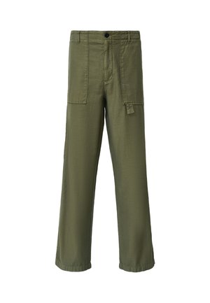 Olive green wide-leg pants made from lightweight fabric, featuring front pockets, a button closure, and visible stitching details.