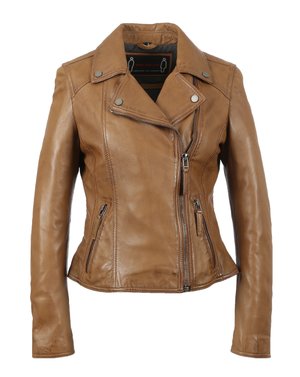 Giacca moto in pelle marrone con un design aderente, dotata di tasche con cerniera, colletto a scatto e dettagli cuciti sul davanti e sulle maniche.