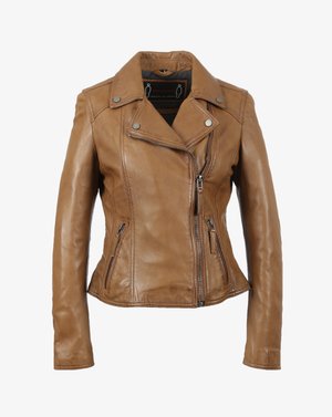 Chaqueta de moto de cuero marrón con un diseño ajustado, que cuenta con bolsillos con cremallera, cuello a presión y detalles de costura en la parte frontal y las mangas.