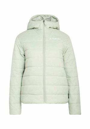 Lysegrøn, quiltet dunjakke med hætte og lynlås foran, med TERREX-logo i hvidt på den øverste venstre side.