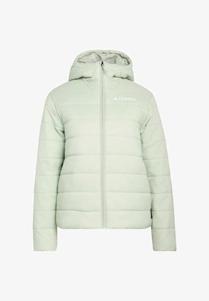 Lysegrøn, quiltet dunjakke med hætte og lynlås foran, med TERREX-logo i hvidt på den øverste venstre side.