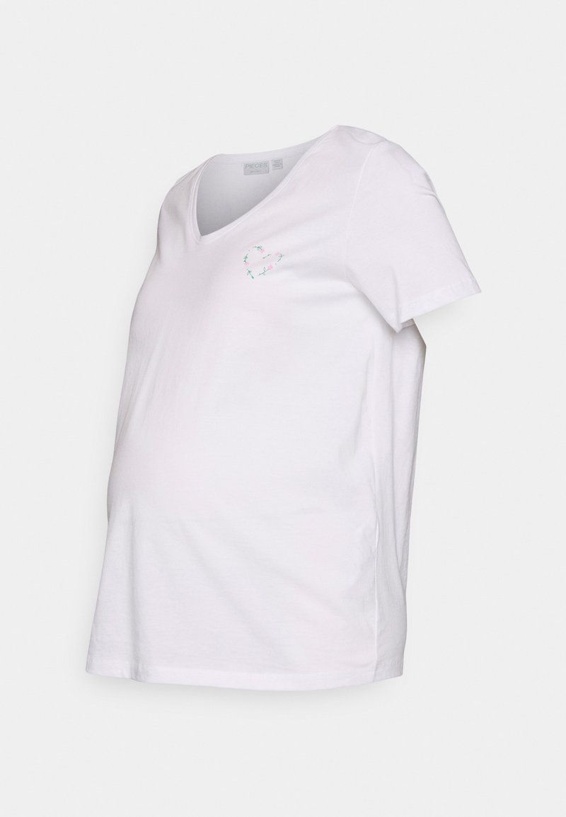 T-shirt de maternidade branca com decote em V, mangas curtas e bordado de coração floral no peito. Feita de material de algodão macio.