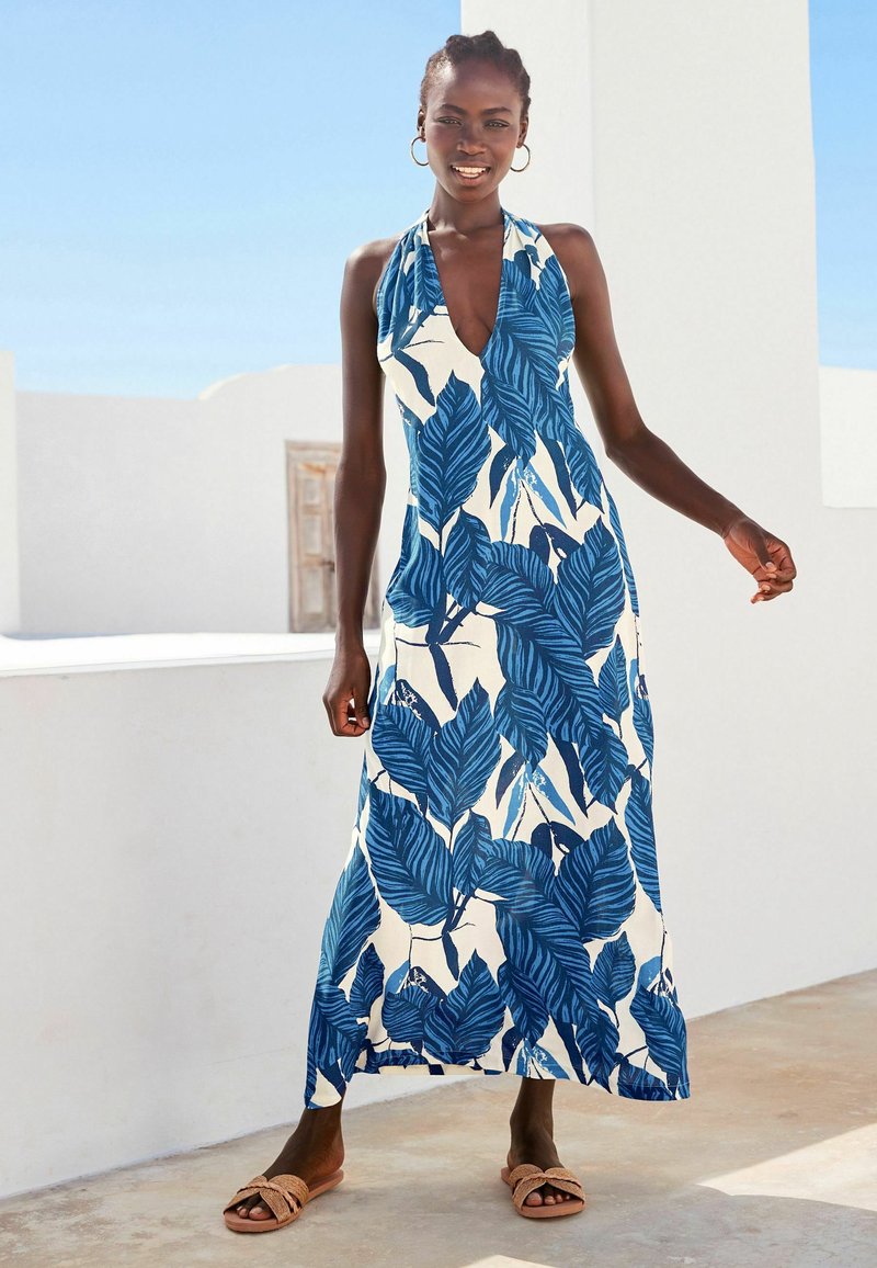 Next HALTERNECK MIDI COVERUP DRESS Jurk blue on white floral/blauw