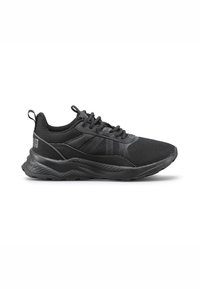 Zapatilla deportiva negra con parte superior de malla, suela de goma y cuello acolchado, diseñada con acentos tonales y una silueta aerodinámica.
