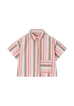 Chemise boutonnée à manches courtes avec des rayures verticales roses, blanches et vertes et une poche plaquée avant en bas à droite.