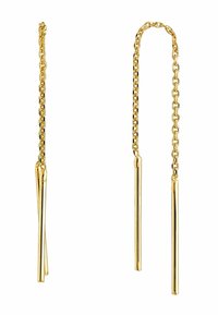 Pendientes de cadena de oro que presentan dos barras alargadas y delgadas. El diseño incluye una delicada cadena de eslabones y acabados pulidos y brillantes.