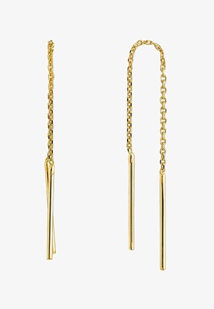 Pendientes de cadena de oro que presentan dos barras alargadas y delgadas. El diseño incluye una delicada cadena de eslabones y acabados pulidos y brillantes.