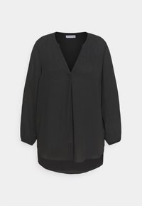 Blusa nera con maniche lunghe e scollatura a V. Realizzata in un tessuto leggero e morbido. Presenta una parte anteriore plissettata e un orlo curvo.