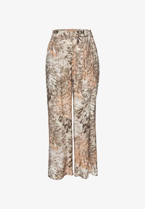 Pantalones fluidos de cintura alta en un patrón de tie-dye en beige, marrón y suave naranja. Elaborados con una tela ligera y un ajuste holgado y relajado.