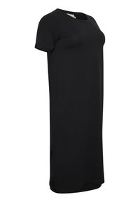 Vestido corto negro de manga corta hecho de una tela suave, con un escote redondo y aberturas laterales para facilitar el movimiento. Diseño simple de corte recto.
